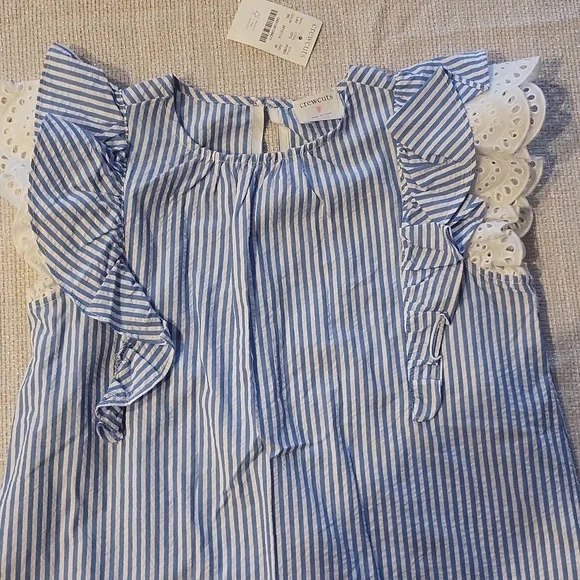 Crewcuts double-ruffle seersucker blue And White Stripes Blouse Shirt - Picture 4 of 7